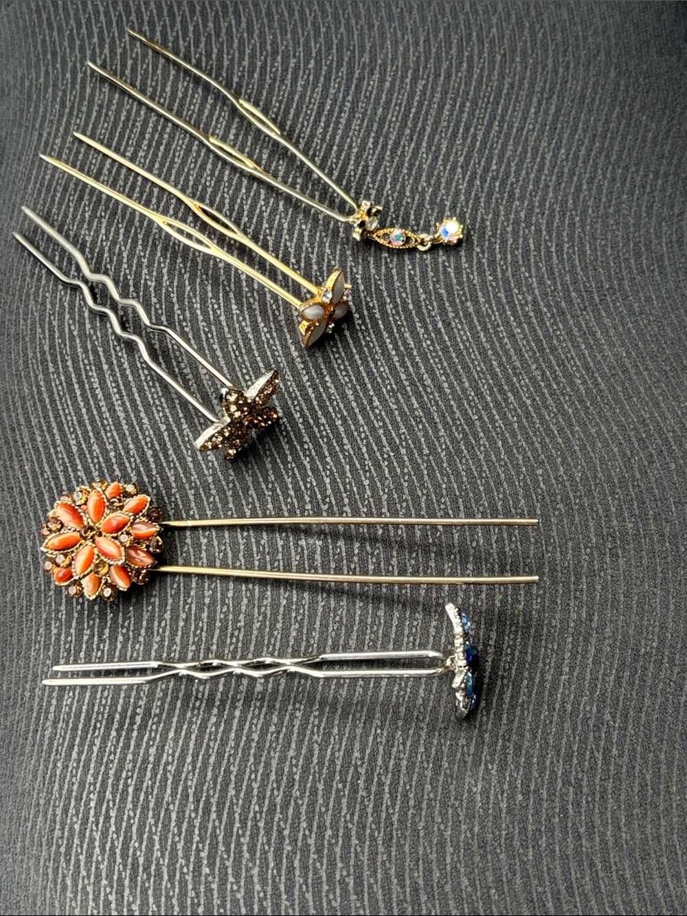 5 Pcs Gold Floral Coral RhineStone Hair Pins - Women Hair Jewelry
